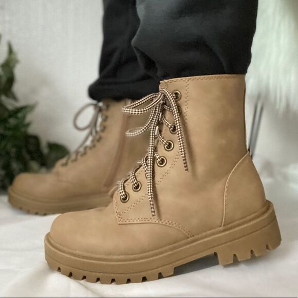 Beige Combat Biker Platform Booties - Picture 1 of 6